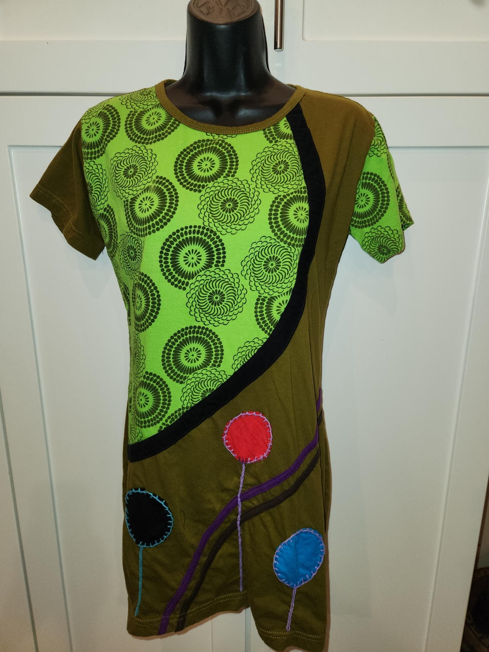🍉Green Patterned Short Sleeve Dress with Colorful Appliqué